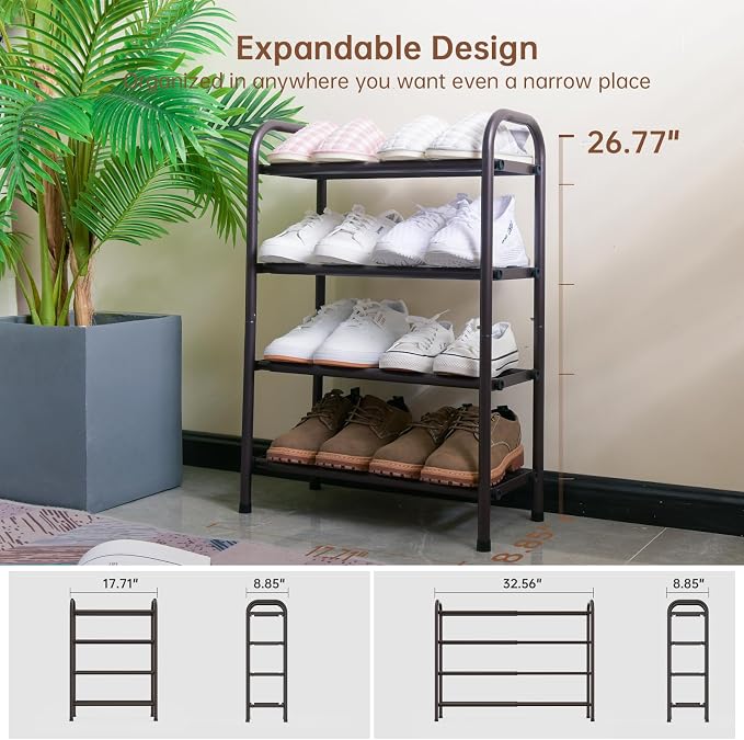 Gonfoam Shoe Rack for Closet, Expandable Shoe Organizer Storage Shelf, Adjustable Metal Free Standing Small Closet Shoe Rack for Entryway, Doorway (4-Tier Bronze)