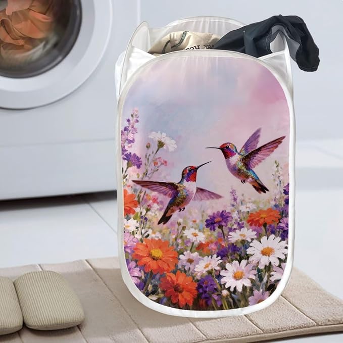 AFPANQZ Hummingbird Daisy Pop-Up Laundry Hamper with Side Pocket Mesh Fabric Collapsible Design for Clothes Laundry Home Organization Foldable Nursery Hampers 61L