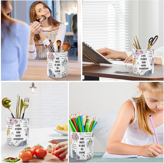 Pen Holder Cute, Pencil Cup, Makeup Brush Holder, Multi-Functional Round Leather Pen Supply Organizer for Teens Adults, Inspiring Words Pattern