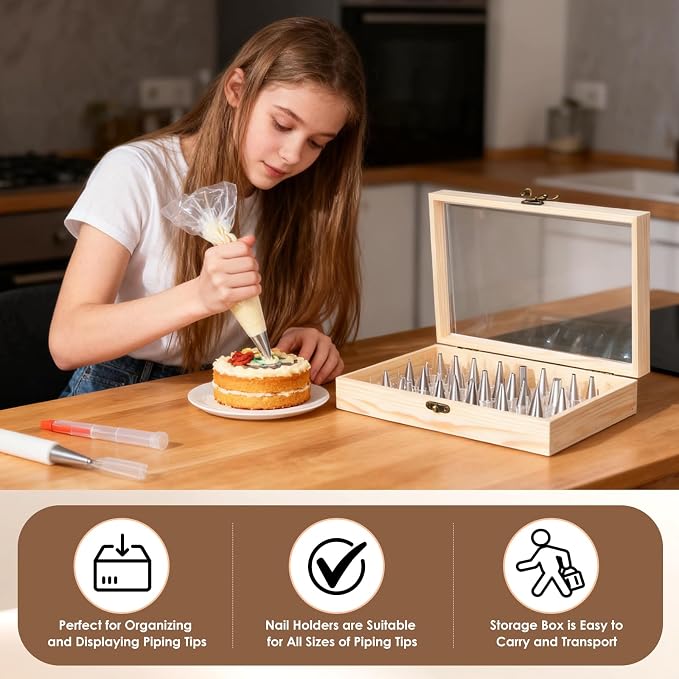 Piping Tip Organizer, Equipped with 200 Pcs of Cake Flower Nails, Holds 60 Piping Tips, Cake Decorating Tools, Baking Tools, Cake Decorating Tips Storage Box Made with Wood, Piping Tip Sold Separately