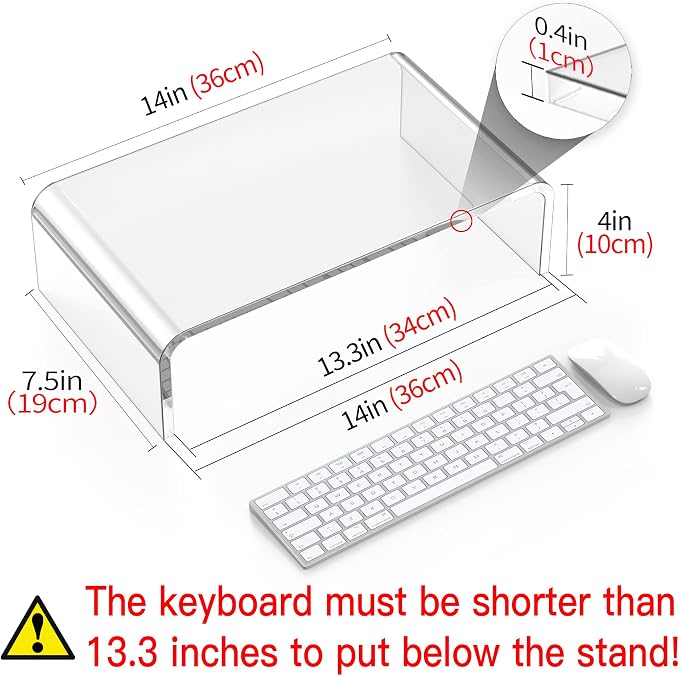 Acrylic Monitor Stand Riser L14''xW7.5''xH4'' Acrylic Laptop Stand for Desk Clear Computer Monitor Stand for Desk Accessories White Aesthetic Decorations for Office Home iMac Organizer