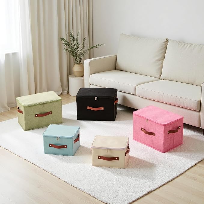 3PCS Storage Bins Boxes with Zippered Lids Cotton Linen Fabric Decorative Basket PU Leather Handles PP Plastic Board Foldable Lidded Clothing Shelf Closet Organizer Container (Blue, Small)