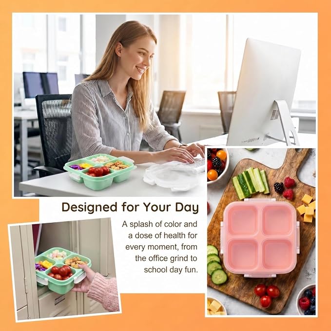 EONJOE 4-Pack Small Snackle Box With snap lock lid,Dishwasher Safe | 4-Compartment,BPA free,Food Grade PP5 Plastic, Airtight Lid,On-the-Go,