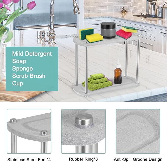 UXCell Home Sink Caddy - Instant Dry Sink Organizer, Water Absorbing Stone Tray for Countertop, Modern Home, Light Grey