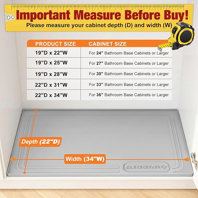 Aisslro Under Sink Mat 34" X 22", Waterproof Silicone Cabinet Organizer Protector with Raised Edge, Kitchen & Bathroom Leak Tray, Shelf Liner & Pet Feeding Mat for Dog Cat Food Mats, Gray