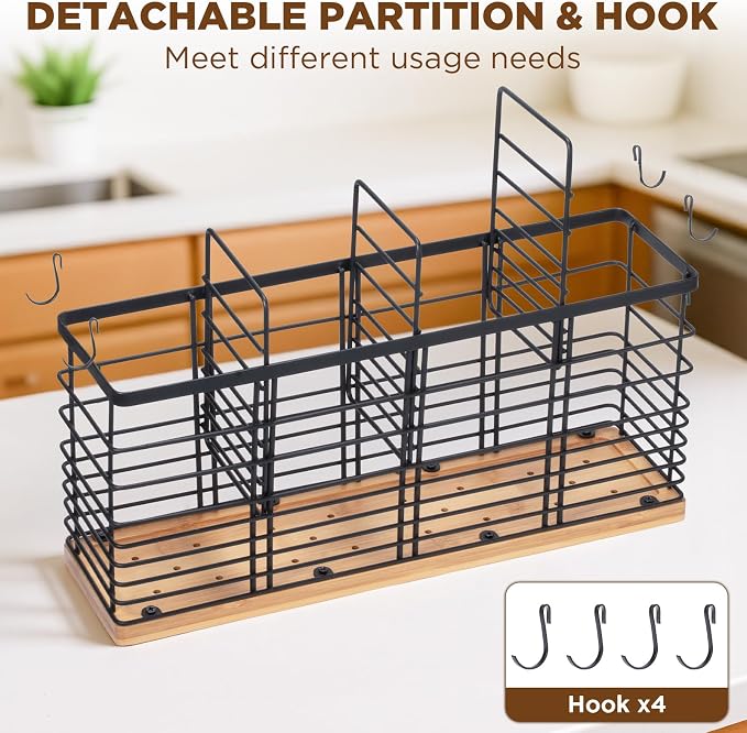 Nigelia 4 Compartments Extra Large Kitchen Utensil Holder with Wooden Base, Metal Organizer for Kitchen Countertop, Matte Black Cooking Utensils Holder with 4 Hooks for Tools Storage