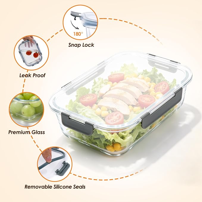 5 Pack 36oz Glass Storage Containers with Lids, Glass Meal Prep Food Container Sets with Snap Airtight Lid for Microwave, Oven, Freezer and Dishwasher, Grey