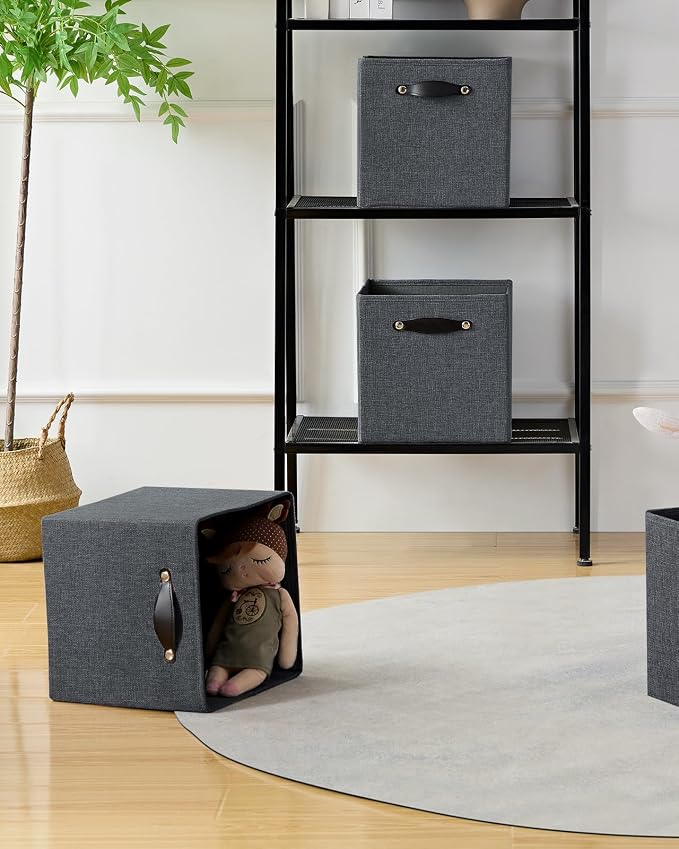 Cube Storage Bins | 13"x15"x13", Graphite Gray, 4 Pack | Multi-Size | 2X Thick Support Board | Vegan Leather Handles | 7.7 oz/yd² Fabric | Drawer Insert Basket Fits KALLAX