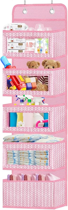 Over The Door Hanging Organizer with 5 Large Pockets - Wall Mount Pantry Storage with 2 Big Metal Hooks for Baby Girl’s Diapers Closet, Bathroom, Nursery, Bedroom, Dorm, Baby, Kids Toys (Pink)