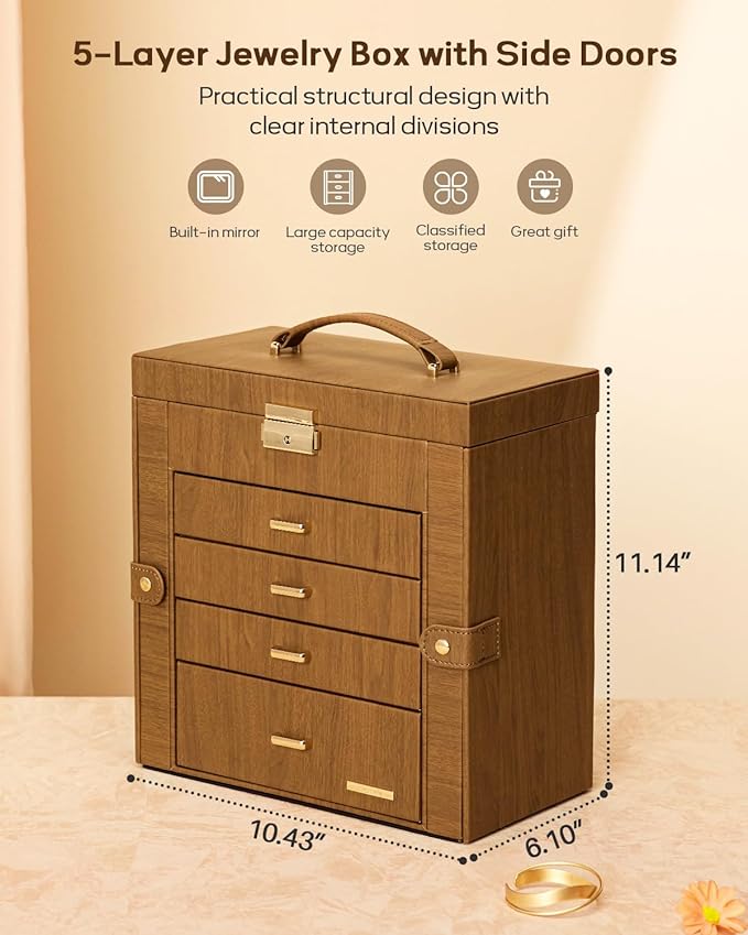 Homde Synthetic Leather Huge Jewelry Box Mirrored Watch Organizer Necklace Ring Earring Storage Lockable Gift Case (Brown + Gold)