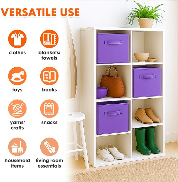 PowerKing Collapsible Storage Cubes with Handles, Fabric Foldable Bins for Closet Shelves, Durable Organization Storage Bins, 10.5'' x 11'' x 10.5'' (2Pack, Violet)