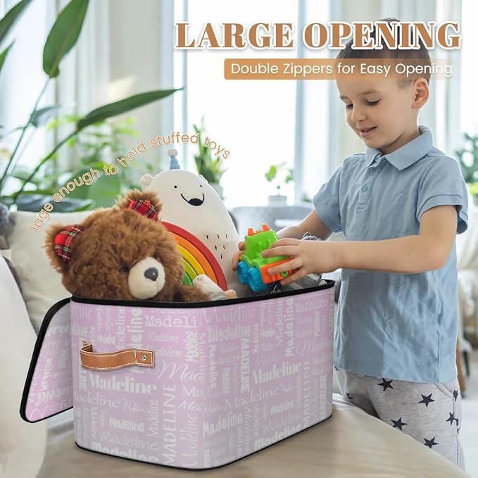 Custom Storage Basket with Name, Personalized Keepsake Box with Zipper Lid, Foldable Fabric Memory Bin Large capacity with Handle Grey Pink Gradient