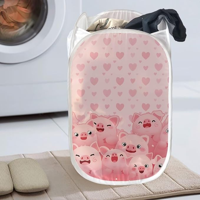 AFPANQZ Popup Laundry Hampers with Mesh Pocket Collapsible for Storage, Pig Heart Print Easy to Open Folding Pop Up Clothes Hampers 61L,13.5x13.5x21 inches