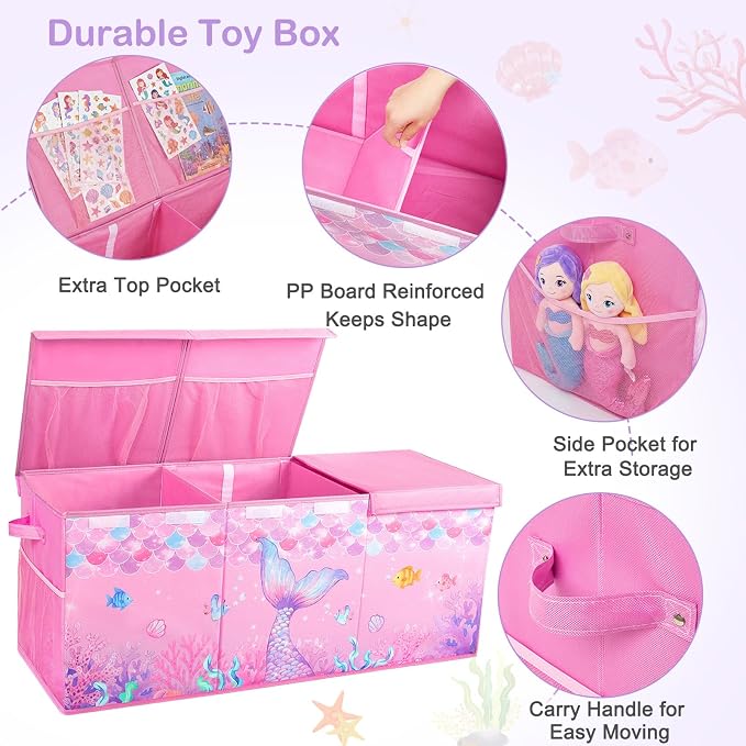 Unicorn Castle Toy Box with Adjustable Divider Toy Chest Storage Large Toy Storage Organizer Bin Collapsible with Lid Pockets for Nursery Playroom,Pink Purple Mermaid