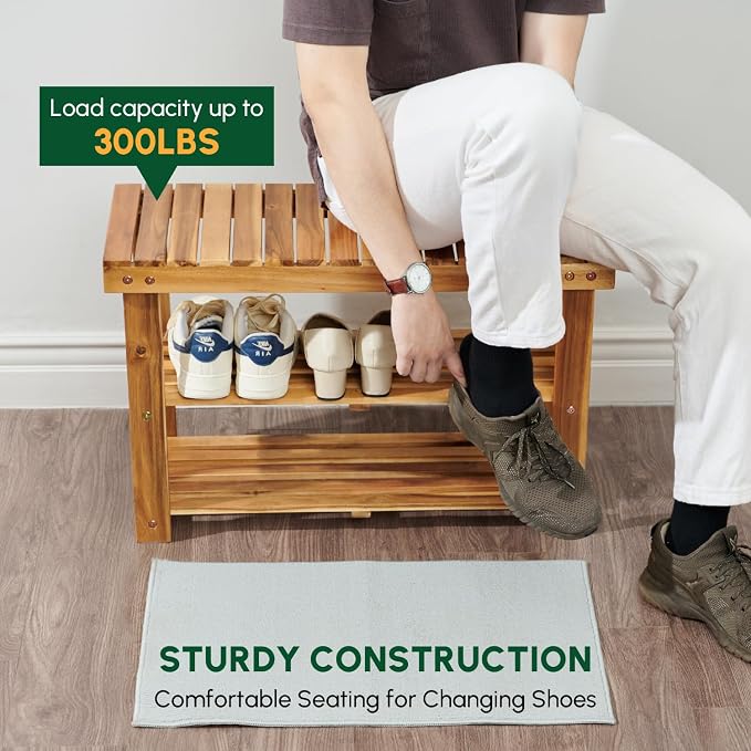 BEEFURNI Wooden Shoe Rack Bench, 3-Tier Wooden Shoe Organizer for Entryway, Aciaca Bench with Shelf, Solid Wood Shoe Storage Bench for Doorway, Hallway, 300 LBS, 1-Year Warranty, Natural Acacia