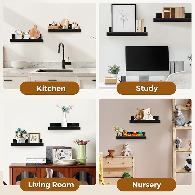 Muzilife 12" Small Floating Shelves Wood Wall Shelf with Lip, 2Pcs, Black | FSC-Certified Wood | 20 lbs Capacity | Space-Saving | Hanging Shelf | Wall Decor| Bedroom,Living Room,Bathroom,Kitchen,Office