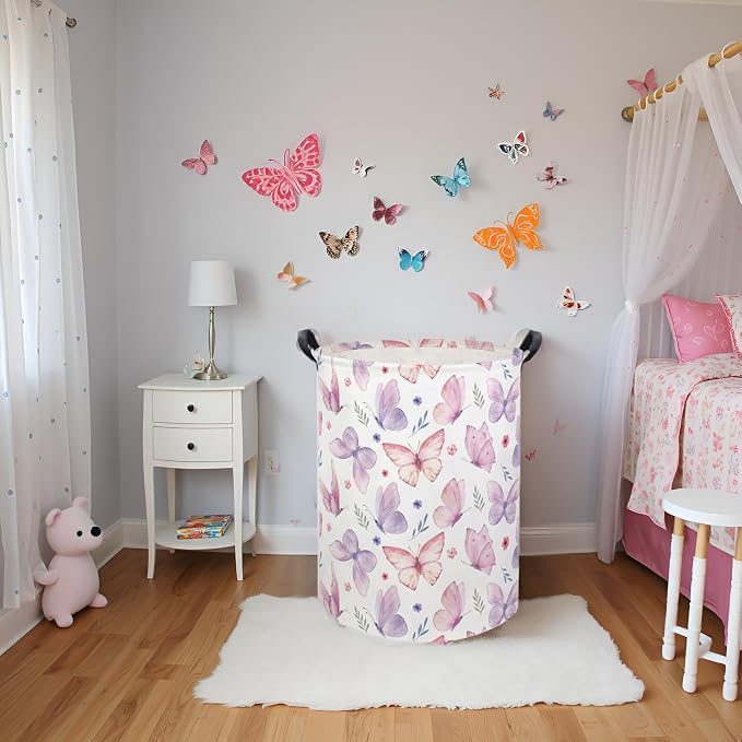 Butterfly Baby Laundry Basket Baby Hamper for Nursery Girl Kids Butterfly Hamper Cute Kids Toys Storage Bin Organizer Butterfly Room Decor for Home(Watercolor Butterfly)