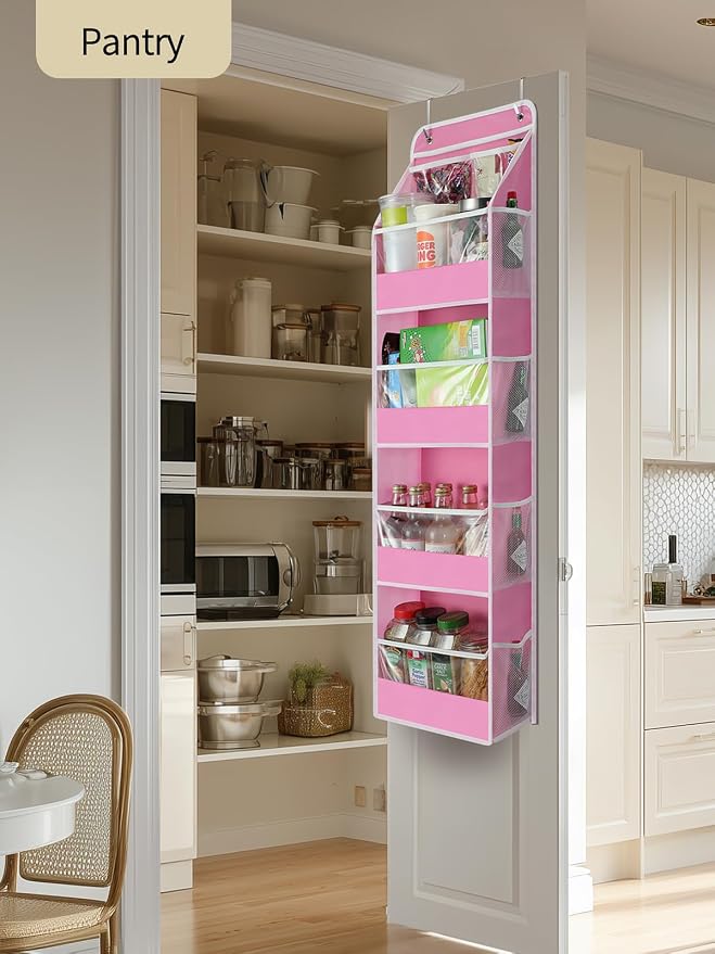 Yecaye 5 Tier Over the Door Organizer, Swing-proof Door Organizer Hanging with Clear PVC Windows, Behind the Door Storage for Bedroom Nursery Closet Laundry Pantry Bathroom, Pink