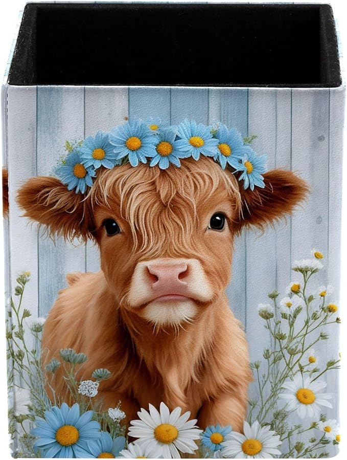 Pen Holder for Desk, Highland Cow Teal White Daisies Rustic Pencil Holder, Pen Cup Functional Desk Organizer for Office Supplies