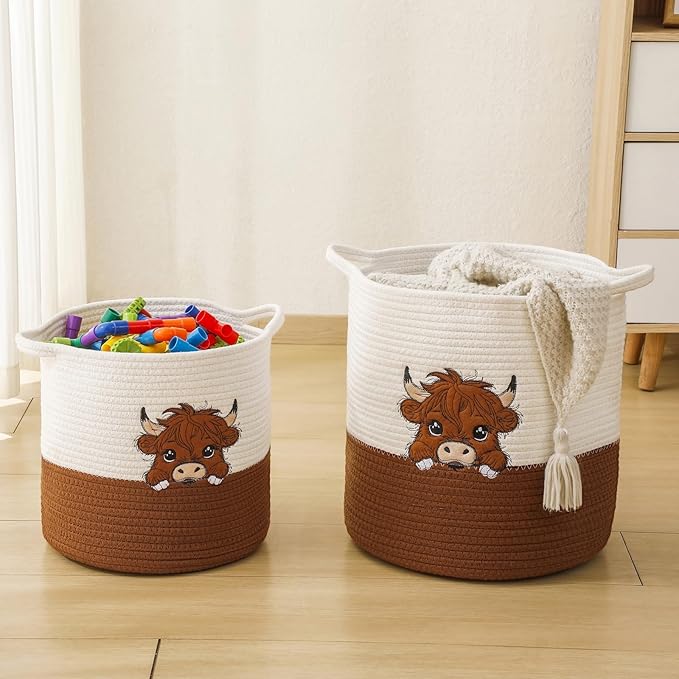 Highland Cow Cute Basket for Nursery, Woven Cotton Rope Storage Basket for Kids, Baby Blanket Organizer with Handles, Storage Basket for Blanket Towel Toys Clothes, Highland Cow Decor, Medium
