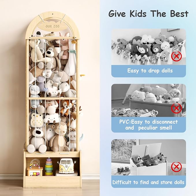 Arched Stuffed Animal Storage Organizer, Wooden Stuffed Animal Zoo Holds 50+ Plush Toys, FSC Pine Wood Plush Toy Holder with Thick Elastic Cords, Open Bottom Cubby for Kids Room Nursery Playroom