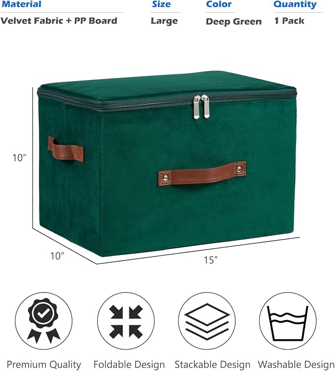 Storage Bins with Zipper Lid Velvet Fabric Storage Boxes Lidded Baskets Foldable Washable Decorative Closet Shelf Clothes Organizer Container with PU Leather Handles (Deep Green, Large)