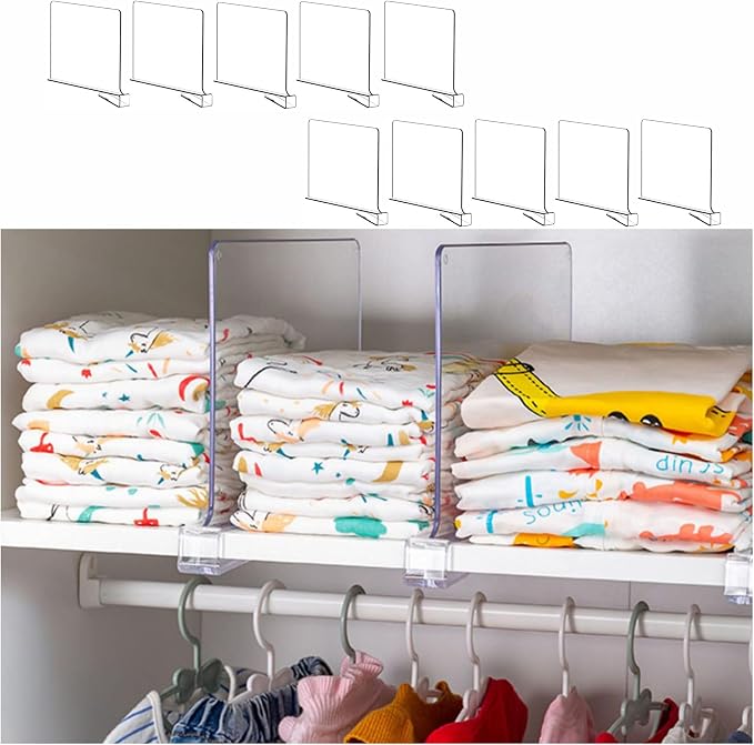 Yieach 10 Pack Clear Acrylic Shelf Divider for Closet Organization - 9.2″ Tall Closet Dividers for Wood Shelves,Cupboard,Vertical Shelf Separators in Closet for T-Shirt,Purse,Handbag,Sweater Organizer