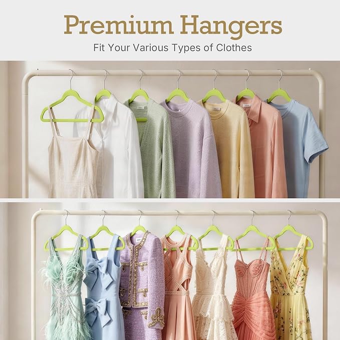 HOUSE DAY Vibrant Green Velvet Hangers 60 Pack, Non Slip Clothes Felt Hanger Heavy Duty for Coat, Premium Slim Space Saving Suit Hangers for Closet Organizer, 360° Rotating Silver Hook