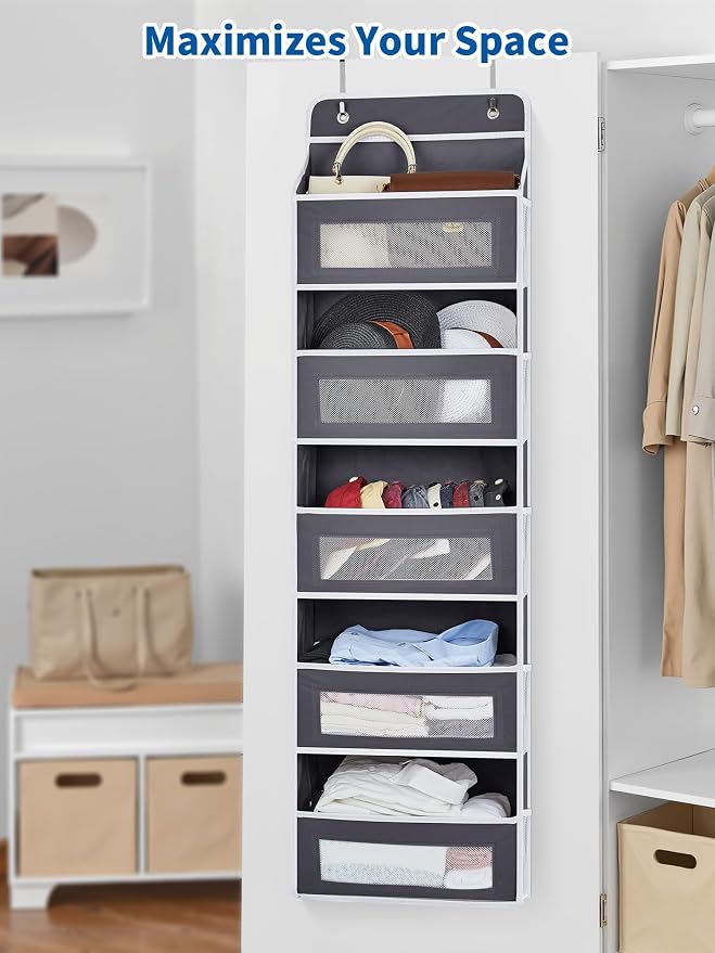 JARLINK Over The Door Organizer, 5 Shelf Door Hanging Organizer with 5 Large Pockets, 44 lbs Weight Capacity Hanging Storage for Bathroom, Bedroom, Nursery, RV, Pantry (Dark Grey)