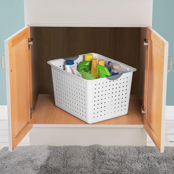 Sterilite 6-Pack Deep Ultra Basket, Open Top Plastic Storage Organizer, White - Large Containers for Organizing Pantry Shelves, Kitchen Cabinets, Laundry Areas, Dorm Rooms, and Classrooms