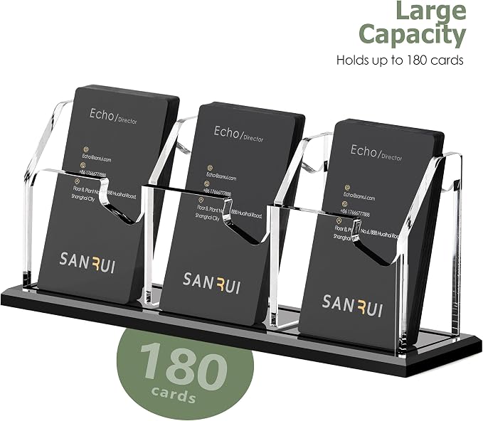 SANRUI Black Vertical Business Card Holder for Desk 3 Slot 1 Tier, Clear Acrylic Name Card Stand for Women and Men, Desktop Organizer Display for Office Home Exhibition - 180 Card Capacity 1 Pack