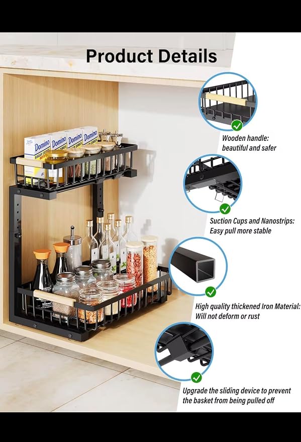 Adjustable Under Sink Organizer, 2-Tier Heavy Duty Metal Storage Rack for Kitchen & Bathroom