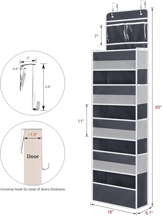 Univivi Over The Door Organizer, 6 Shelf Door Hanging Organizer Nursery Door Storage with PVC Pockets 8 Side Pockets for Bathroom,Cosmetics and Nursery Baby Essential