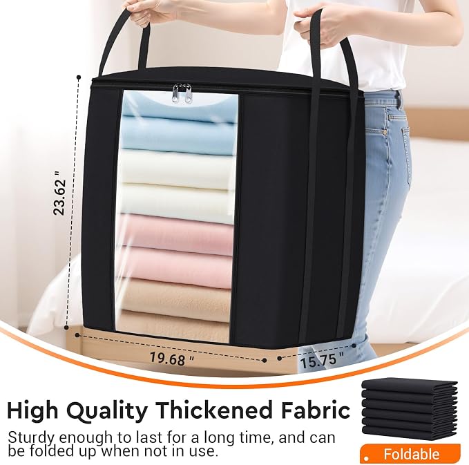 TasticTotes 120L Extra Large Clothes Storage Bags, Foldable Blanket Storage and Organization, Thick Fabric Containers with Reinforced Handles & Zippers for Clothing, Comforters, Bedding, Black, 2 Pack