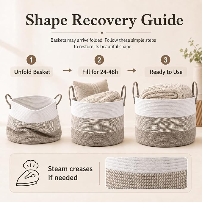 JMvicyroam 115L Extra Large Blanket Basket for Living Room - Woven Cotton Rope Laundry Hamper with Reinforced Handles - Storage Bin for Pillows, Comforters & Toys - Machine Washable,White&Brown Mix