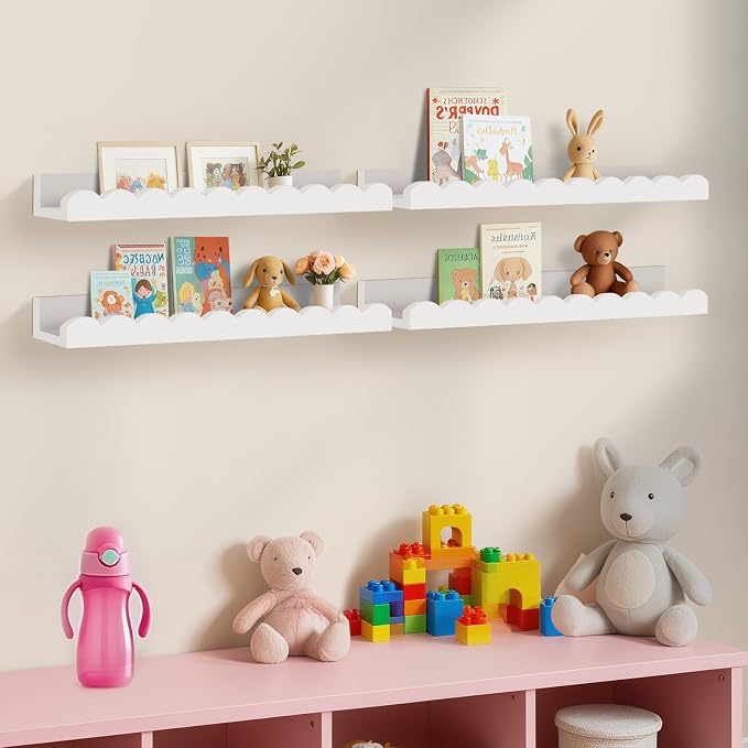 4-Pack Scalloped Shelves, Nursery Shelves for Wall, Floating Nursery Book Shelves for Kids, White