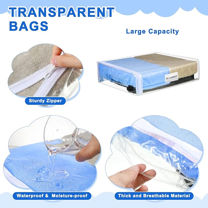 Kenning 20 Pcs Clear Zippered Storage Bags for Sheet Plastic Sweater Bag with Handle and Label Pocket Vinyl Stackable Closet Organizer Moving Bag for Bed Blanket Clothes Pillow(White,12 x 10 x 4 Inch)