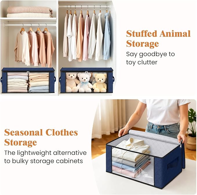 Fab totes 35L Closet Organizers and Storage, Foldable Under Bed Storage Containers, Storage bags for Organizing Bedroom, Closet, Clothing,Organization with Handle (6 Pack,Blue)