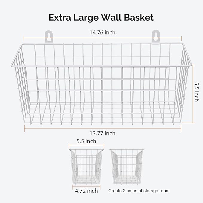 MaraFansie [Extra Large Wire Basket 2-Pack Hanging Wall Organizer Cabinet Storage Basket Wall Mounted Shelves Rustic Farmhouse Decor for Home Kitchen Bathroom, White