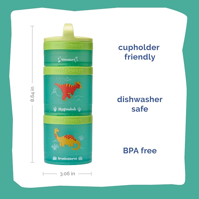 Whiskware Dinosaur Stackable Snack Containers for Kids and Toddlers, 3 Stackable Snack Cups for School and Travel, Green/Blue