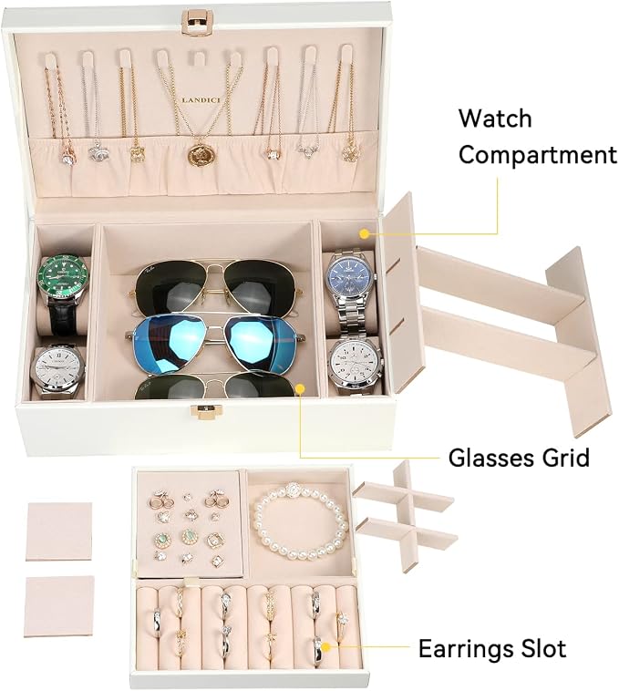 LANDICI Jewelry Box Organizer for Men Women, 2 Layer 4 Slot Watch Storage Case with Removable Tray, PU Leather Large Jewellery Holder Display for Watches Sunglasses Rings Earrings Necklace, White
