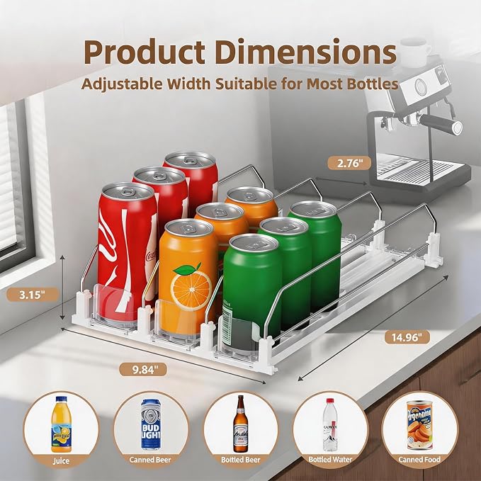 HIYOHIYO 3 Row Auto-Push Drink Organizer for Fridge, Depth 15" | Automatic Soda Can Dispenser, Adjustable Width, For Refrigerator Supermarket Shelf Storage