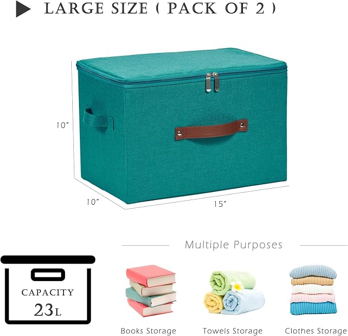 2 Pack Storage Bins with Zipper Lid Cotton Linen Fabric Lidded Storage Baskets Boxes Foldable Washable Closet Shelf Clothes Organizer Container with PU Leather Handles (Teal Blue, Large)