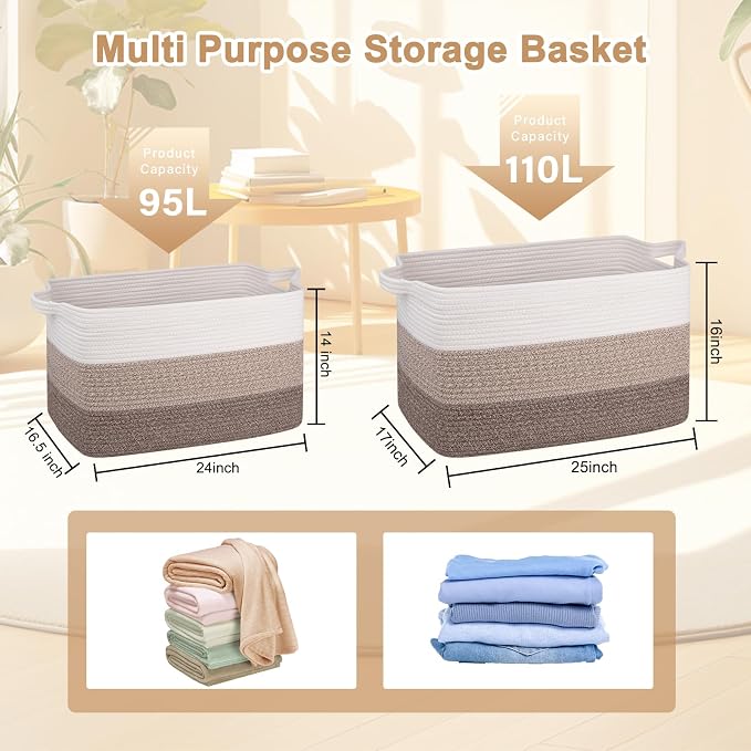 OIAHOMY Extra Large Blanket Basket, 110L Cotton Rope Woven Laundry Basket, Toy Bin for Baby Room, Container for Blanket Storage in Living Room, 24.8''×17.3''×15.8'', Gradient Brown