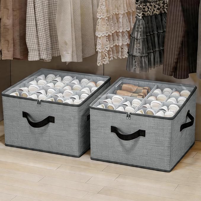 Shoe Storage Organizer 3 Pack with Clear Cover and Adjustable Dividers – Fabric Shoe Organizer for Closet Fits 24-48 Pairs, Space-Saving Shoe Organizer Box, Dustproof & Reinforced