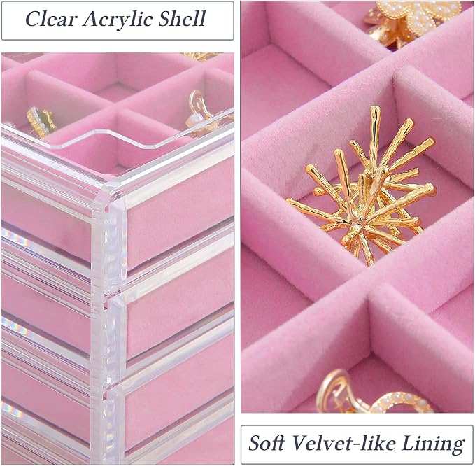 misaya Earring Jewelry Organizer with 5 Drawers, Birthday Present, Clear Acrylic Jewelry Box for Women, Velvet Earring Display Holder for Earrings Only, Pink
