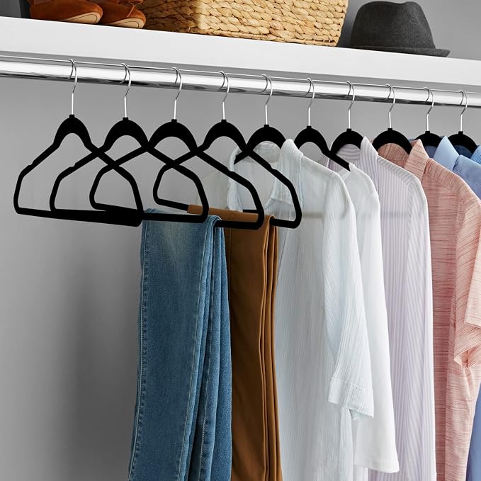 Velvet Clothes Hangers (50 Pack) Heavy Duty Durable Suit Hanger Vibrant Color Hangers Lightweight Space Saving Coat Hangers for Closet -Black-Silver