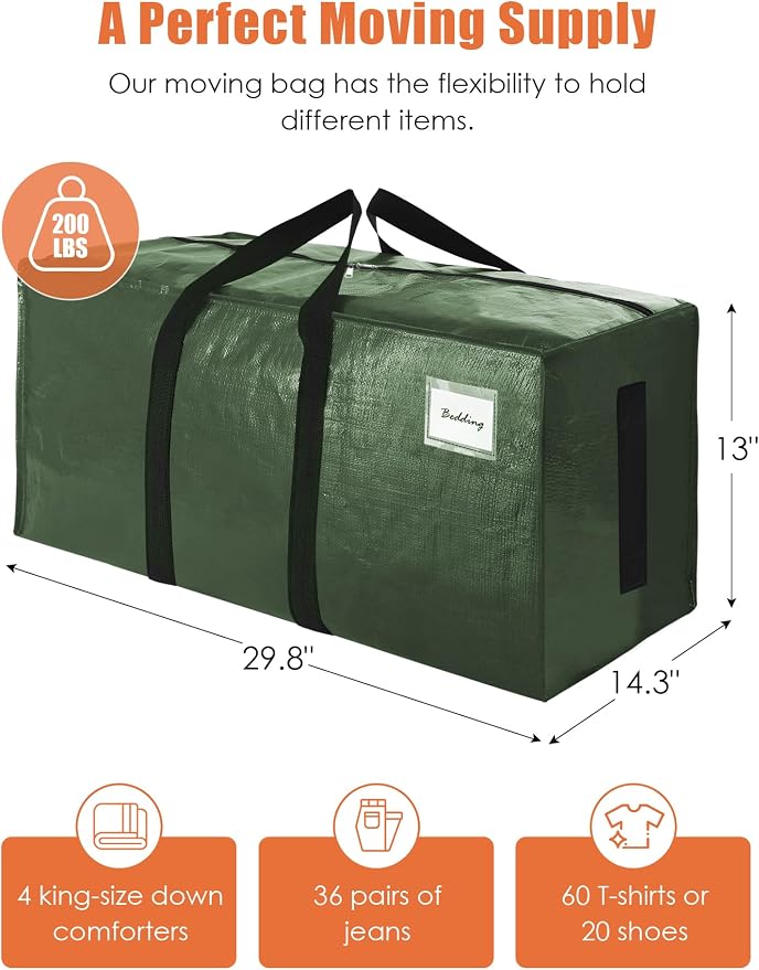 SWEET DOLPHIN 12 Pack 200LB Heavy-Duty Moving Bags with Wrap-Around Handles, Extra Large Storage Totes for Space Saving, Clothes Storage Bags, College Dorm Essentials, Green, 24 Gal