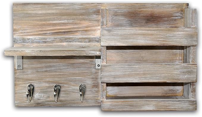Rustic Wooden Wall-Mounted Key Hooks Holder & Mail Sorter | Farmhouse Decor | 3 Metal Hooks & Small Shelf | Natural Torched Wood | Easy Installation