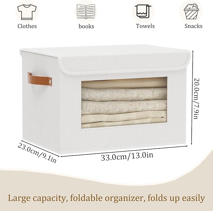 Storage Box for Shelves,White Basket,13x9.1x7.9 In,3Pack | Sturdy Storage Baskets with Lids,Shelf Boxes with Handles and Window,Fabric Closet Containers,Decorative Drawer Bins for room